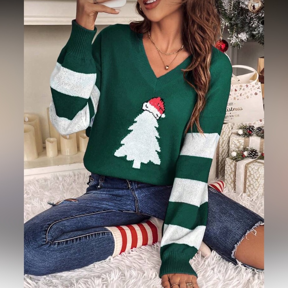 Cozy Red Christmas Tree V neck Holiday Loose Fit Sweater Top